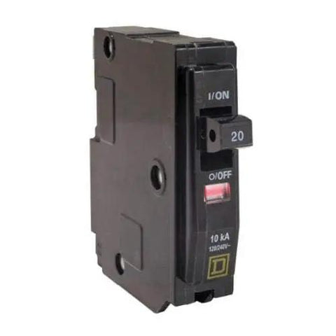 Front view of QO120 One Pole Circuit Breaker for 120 240 VAC Home Wiring, 20 Amp, Thermal Magnetic Trip, 10 kA Interrupt, Plug On Mount, QO Frame.