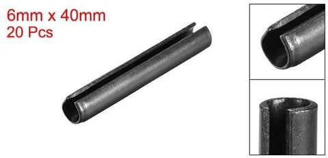 20-Piece Slotted Spring Pin Set 6mm By 40mm 65Mn Plain Finish Roll Assortment Kit, close-up of single pin and dimensions