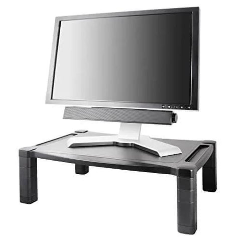 Extra Wide Monitor and Laptop Stand with Height Adjustable from 3 to 6.5 Inches, 20 by 13.25 Inch Platform, Model MS500 holding monitor
