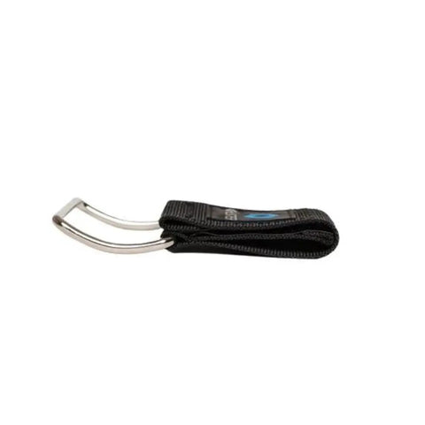 Tape Measure Holder With Two Arc Ring Belt Anchors For Quick Clip On Drills Nail Guns Impact Drivers And Any Belt Clip Or Hook Devices Universal Fit For Wide And Subcompact Tapes Pro Grade DIY Ready black nylon tape holder with two silver arc ring belt anchors, side view