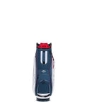 Back view of Chev 14 Way Cart Bag For Golf Lightweight And Sleek 14 Divider Top Navy White Red showcasing side handles and velour pocket