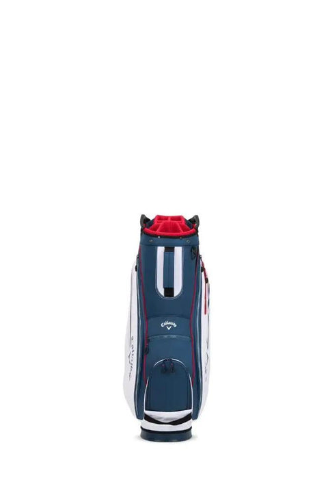 Back view of Chev 14 Way Cart Bag For Golf Lightweight And Sleek 14 Divider Top Navy White Red showcasing side handles and velour pocket