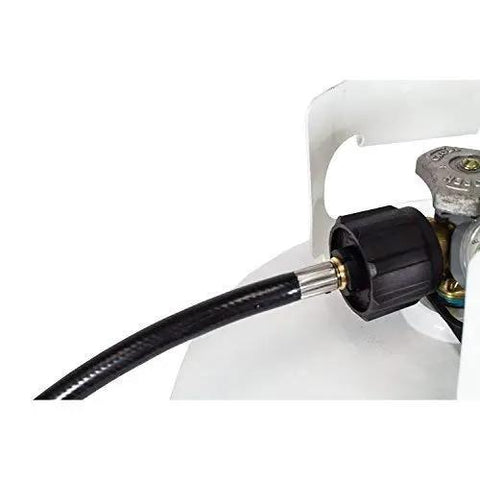 Propane Hose 1lb To 20lb Adapter For 12 Foot Connection, hose connected to large LP tank valve, close-up view.