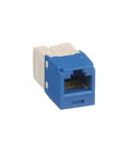 Front view of blue Panduit Mini-Com TX6 Plus Giga-Channel Cat6 RJ45 jack