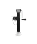 Heavy Duty Weld On Side Wind Trailer Jack With 5000 Lb Capacity And Adjustable Drop Leg For RV Camper Utility Trailer Stabilization, shown from the side.