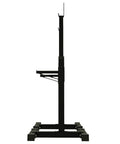 Side view of adjustable squat rack bench press stand, heavy duty steel, anti skid design for home gym weightlifting up to 441 pounds.