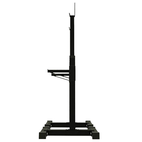 Side view of adjustable squat rack bench press stand, heavy duty steel, anti skid design for home gym weightlifting up to 441 pounds.