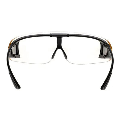Front view of Super Lightweight Flip Over Radiation Safety Glasses Featuring Badass 0.12mm Lead Lens Protection With Comfy Rubber Grip Pads.