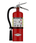 Top Tier Five Pound ABC Dry Chemical Fire Extinguisher With Heavy Duty Wall Bracket For Class A B C Fires, red cylinder and nozzle.