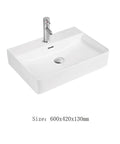 Square Vessel Sink for Bathroom Countertop - Above Counter Wash Basin for Home & Hotel - Modern Art Design, Bathroom Sin in white ceramic, 600x420x130mm.