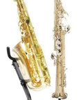 All In One Saxophone Stand For Alto Tenor And Soprano With Peg For Soprano Sax Folding Yoke Adjustable Backrest Locking Pins Model DS533BB