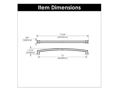 Dimensions diagram for Solid Core Kitchen Cabinet Pulls in Satin Nickel 12 Inch Hole Center Bridges Collection With Mounting Hardware Included.