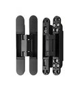 Adjustable Silent Concealed Door Hinges One Pair Black Smooth Operator Hidden Hardware For Wood Folding And Secret Room Doors 180 Degree Low Profile Opening shown from two angles.