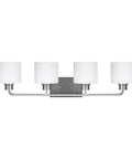 Canfield Four-Light Vanity Light Wall Mount Bath Fixture In Brushed Nickel With Etched White Glass Shades, Modern Bathroom Lighting For A Bright, Dope Look.