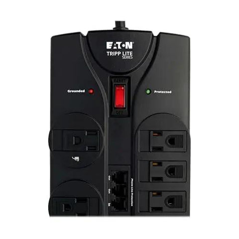 Front view of TLP1208TEL Home Theater Surge Protector Power Strip With 12 Outlets, Flat Plug, 8ft Extension Cord, 2160 Joules Of Surge Protection, Bulky Transformer Friendly Sockets And RJ11 Phone Line Protection For Landline.