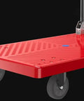 Heavy Duty Flatbed Hand Truck With Foldable Plastic Platform Four Wheel Cart For Easy Parcel And Load Moving, red plastic deck