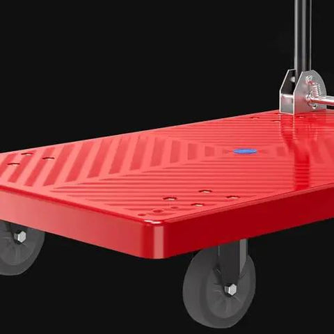 Heavy Duty Flatbed Hand Truck With Foldable Plastic Platform Four Wheel Cart For Easy Parcel And Load Moving, red plastic deck