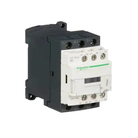 TeSys D 3 Pole Contactor 24V DC Coil, 440V AC 3 NO Contacts, 12A, shown in black and white, for motor control and automation projects.