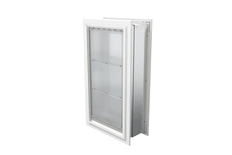 Premium Wall Mount Pet Door In White Xl with double flap design and metal telescoping tunnel showing side view.