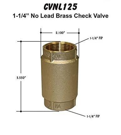 Front view of Merrill CVNL125 1-1/4 in no-lead brass in-line check valve with FIP threads.