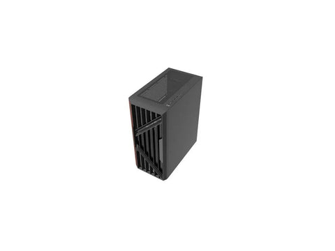 Bangin Walnut Wood Front Panel ATX Mid Tower Gaming PC Case With Tempered Glass Side Panel And Top Mesh For Airflow USB 3.0 And Type-C Front IO Black Steel Build, diagonal view.