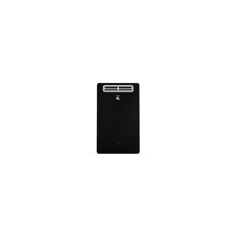 Rock Solid Outdoor Natural Gas Tankless Water Heater With Smart Voice Control And Top Shelf 140000 Btu Efficiency Serving Up Instant Hot Water For Three Full Baths At A Hella Impressive 6.8 GPM Flow Rate, black front view.