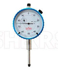 Shars dial indicator mounted on blue 176 lb magnetic base indicator holder, front view.
