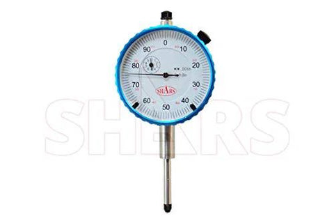 Shars dial indicator mounted on blue 176 lb magnetic base indicator holder, front view.