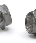 Close-up of Eight By Five Eighths Inch Type AB Sheet Metal Screws Unslotted Hex Washer Head In Eighteen Eight Stainless Steel Plain Finish