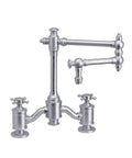 Premium Matte Antique Copper Bridge Faucet Boasts A Slick 12 Inch Articulated Swivel Spout And Classic Cross Handles in silver finish