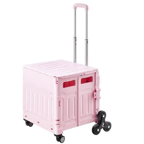 Foldable Utility Cart 65L Portable Crate Rolling Cart With Stair Climbing Wheels and 360 Degree Swivel Wheels in Pink