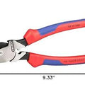 KNIPEX Tools lineman's pliers, side view, 9.33-inch length, red and blue handles, metal jaws.
