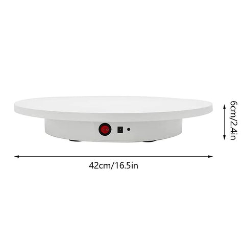 360 Degree Motorized Rotating Display Stand With Remote Control Electric Turntable For Product Photography Live Shows 16.5 Inch White heavy-duty design with power switch and dimensions