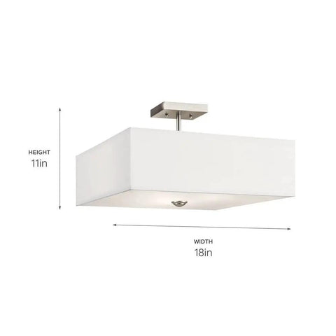 Shailene 18-Inch 3-Light Square Semi-Flush Ceiling Light With Satin Etched White Diffuser And White Microfiber Shade In Brushed Nickel Finish Ideal For Bedrooms Hallways Or Closets And Low Ceiling Friendly Cozy Ambient Lighting, side angle view