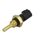 Coolant temperature sensor with brass threaded probe and black plastic connector, side view.
