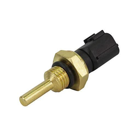 Coolant temperature sensor with brass threaded probe and black plastic connector, side view.