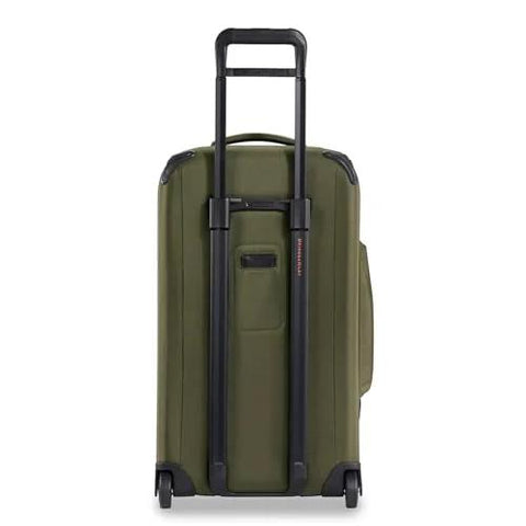 Briggs & Riley 27-inch medium upright rolling luggage in olive green with wheels and extendable handle.