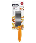 Front view of Zyliss crinkle-cut knife with orange handle and stainless steel blade in packaging
