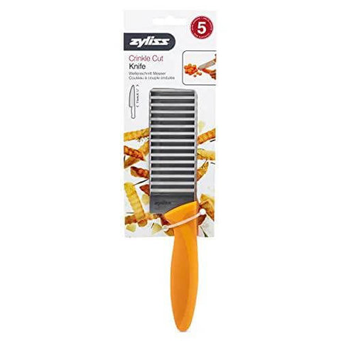 Front view of Zyliss crinkle-cut knife with orange handle and stainless steel blade in packaging