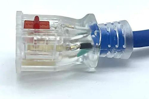Close-up of Beast Mode 50 Ft 14 Awg Blue Extension Cord With Illuminated Locking Receptacle showing LED plug detail.