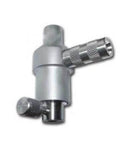 Close-up of water jet cutting machine component cutting head, metallic silver with knurled nozzle fittings