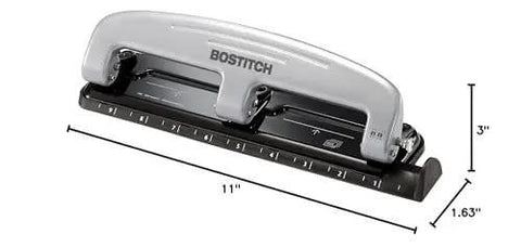 EZ Squeeze 12 Sheet Three Hole Punch With No Jam Tech, all-metal office punch for 12 sheets, built-in ruler and paper guide, silver and black