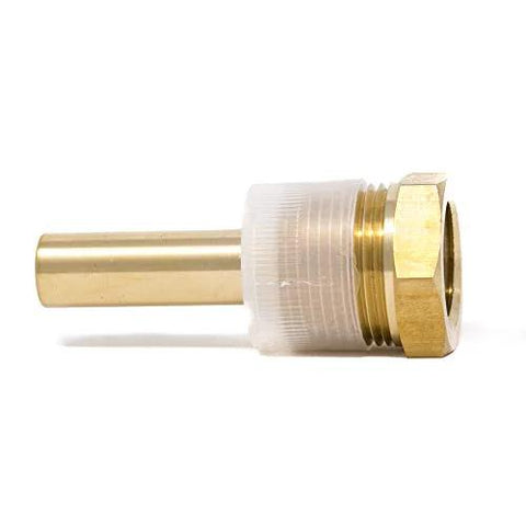 Brass thermowell for industrial bimetal thermometers, 2-1/2 in stem, 1/2 in x 3/4 in NPT, 0.260 in bore, side view