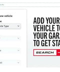 Amazon vehicle selector UI showing Year/Make/Model dropdowns and a red Search button.