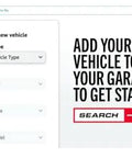 Select new vehicle options and "Add Your Vehicle to Your Garage to Get Started" search interface.