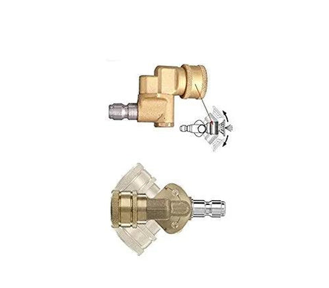 Brass pivoting quick-connect pressure washer nozzle coupler with 1/4 in plug; front and side views.