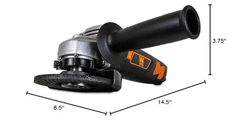 WEN 7-Amp angle grinder with 4-1/2-inch wheel; side view, black body with orange accents and reversible handle.