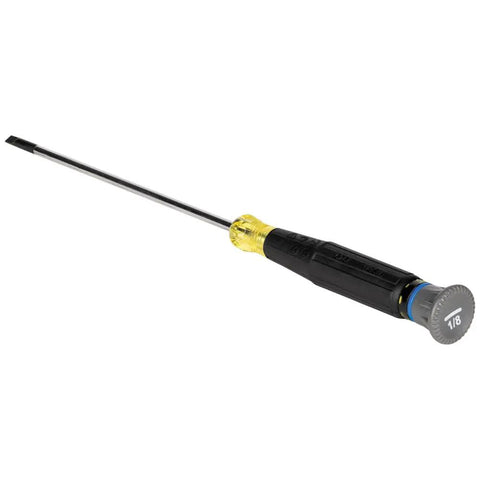 Mini Precision Slotted Screwdriver One Eighth Inch With Cushion Grip Handle Rotating Cap For Precise Control Color Coded Ring And Four Inch Shank