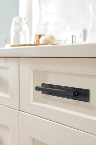 3 Inch Center To Center Rectangle Matte Black Cabinet Pull Backplate BP37601MB on kitchen drawer