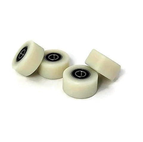 Four 2-inch nylon pulley wheels with bearings (1 in wide) for flat belt idler.